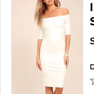 Lulu’s white off the shoulder bodycon midi dress